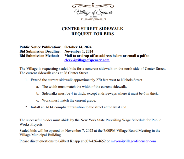 Request For Bids Village of Spencer, NY